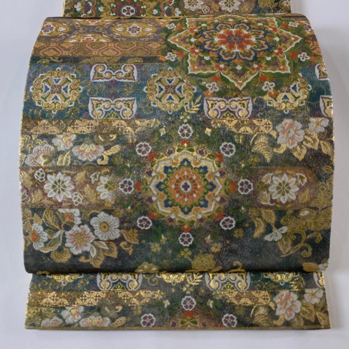 袋帯 美品 秀品 証紙 華文 花唐草 箔 金糸 深緑 六通 正絹