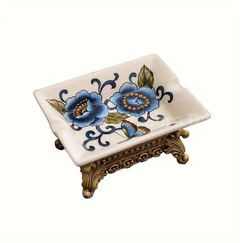 ソープディッシュ ソープホルダー 石鹸置き 花柄 ヴィンテージ調 おしゃれ エレガント インテリア 北欧 西洋風 水切り 排水 スクエア 四角 長方形 ゴールド台座 セラミック 14 11 7 cm