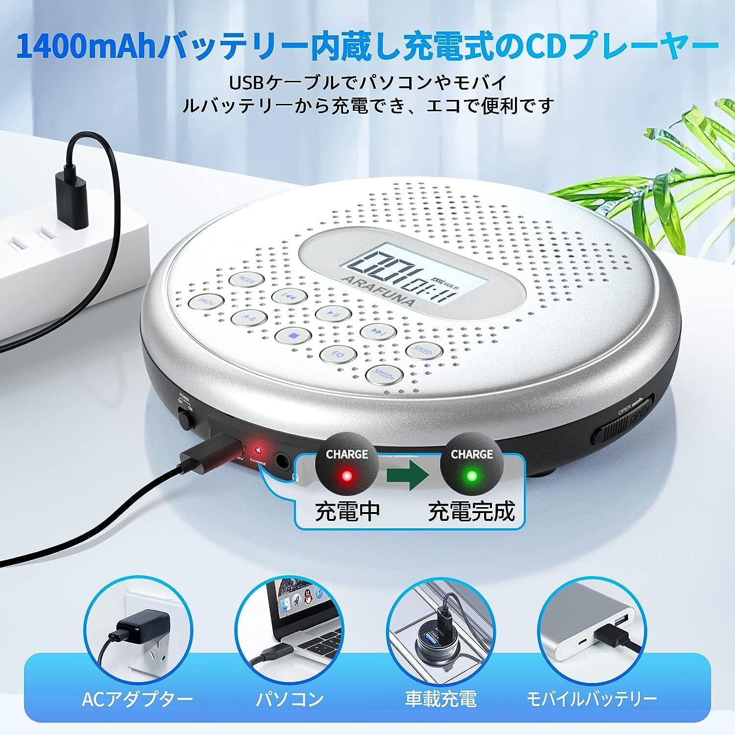 ポータブルCDプレーヤー Bluetoothスピーカー内蔵 CDラジオ 白 ...