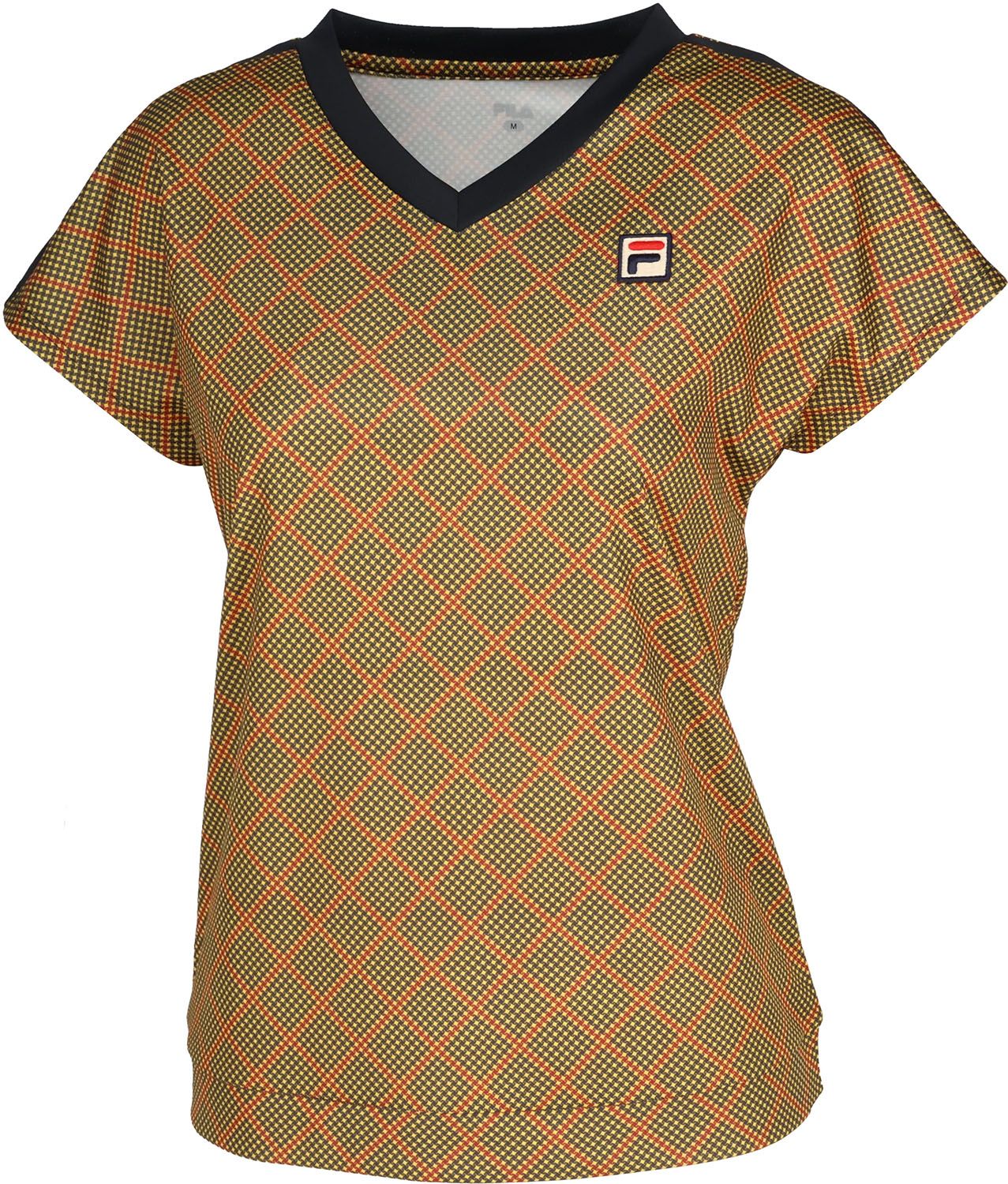 フィラ FILA テニス ゲームシャツ レディース ウィメンズ 女性 大人 半袖 Tシャツ トップス ウェア ロゴ チェック柄 部活動 クラブ サークル スクール 練習 試合 大会 移動 EL0217 05A マスタード