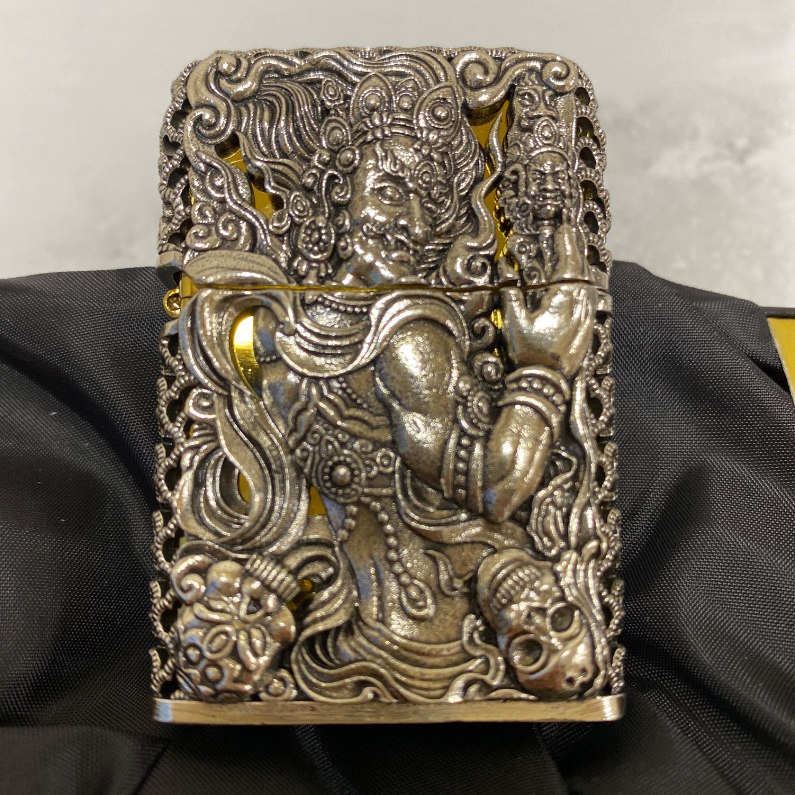 不動明王 全面装飾 フルオーダー フルメタルジャケット Zippo 和彫り 銀金 0