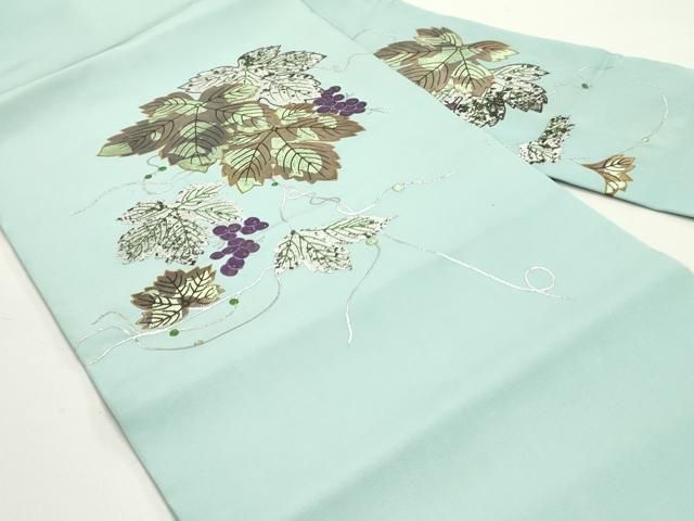 平和屋着物●塩瀬　九寸名古屋帯　葡萄蔦の葉文　白群色　金銀彩　正絹　逸品　DAAV9306ob 平和屋着物○塩瀬 九寸名古屋帯 葡萄蔦の葉文 白群色 金銀彩 正絹 逸品