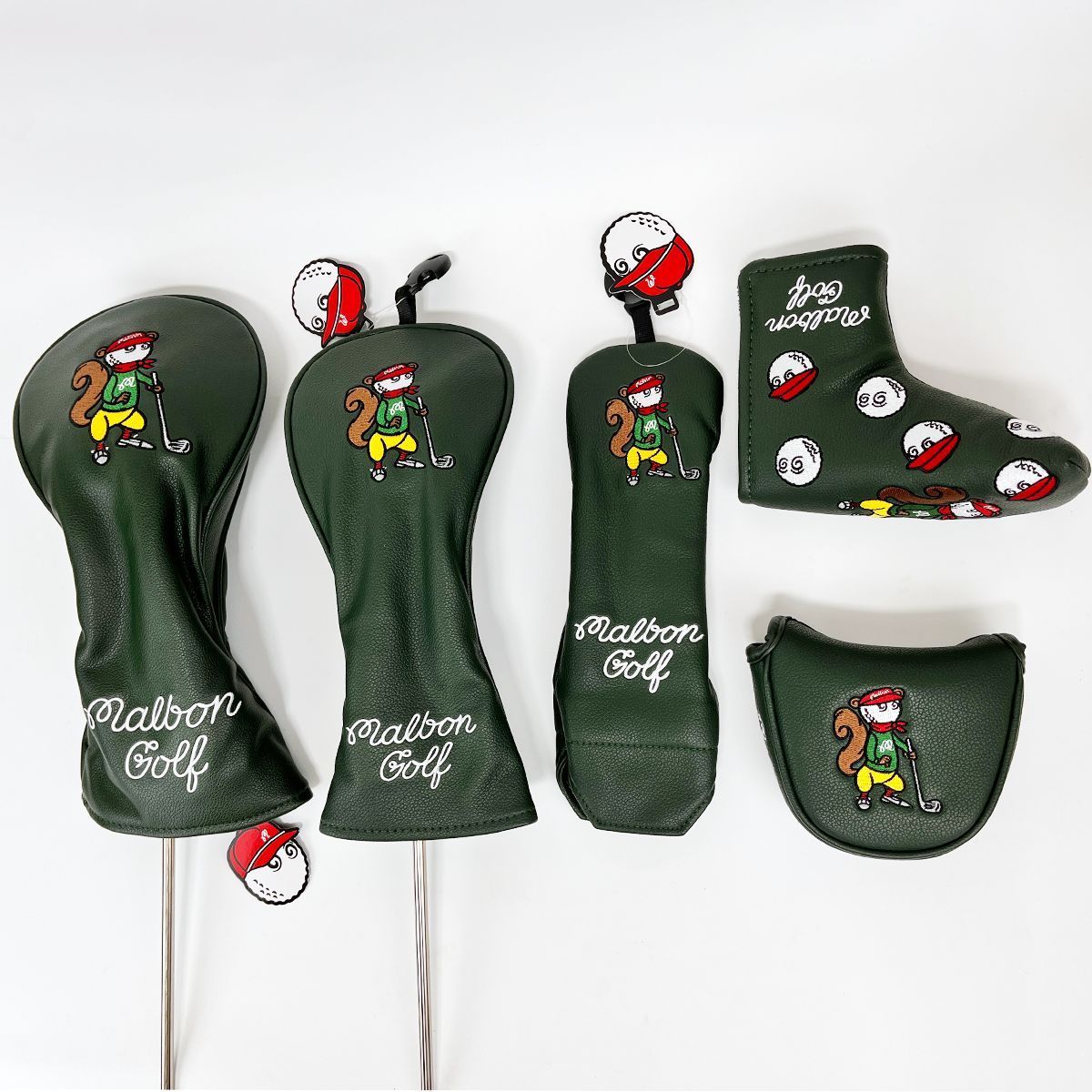 5点セット Malbon Golf リス ヘッドカバー ダークグリーン