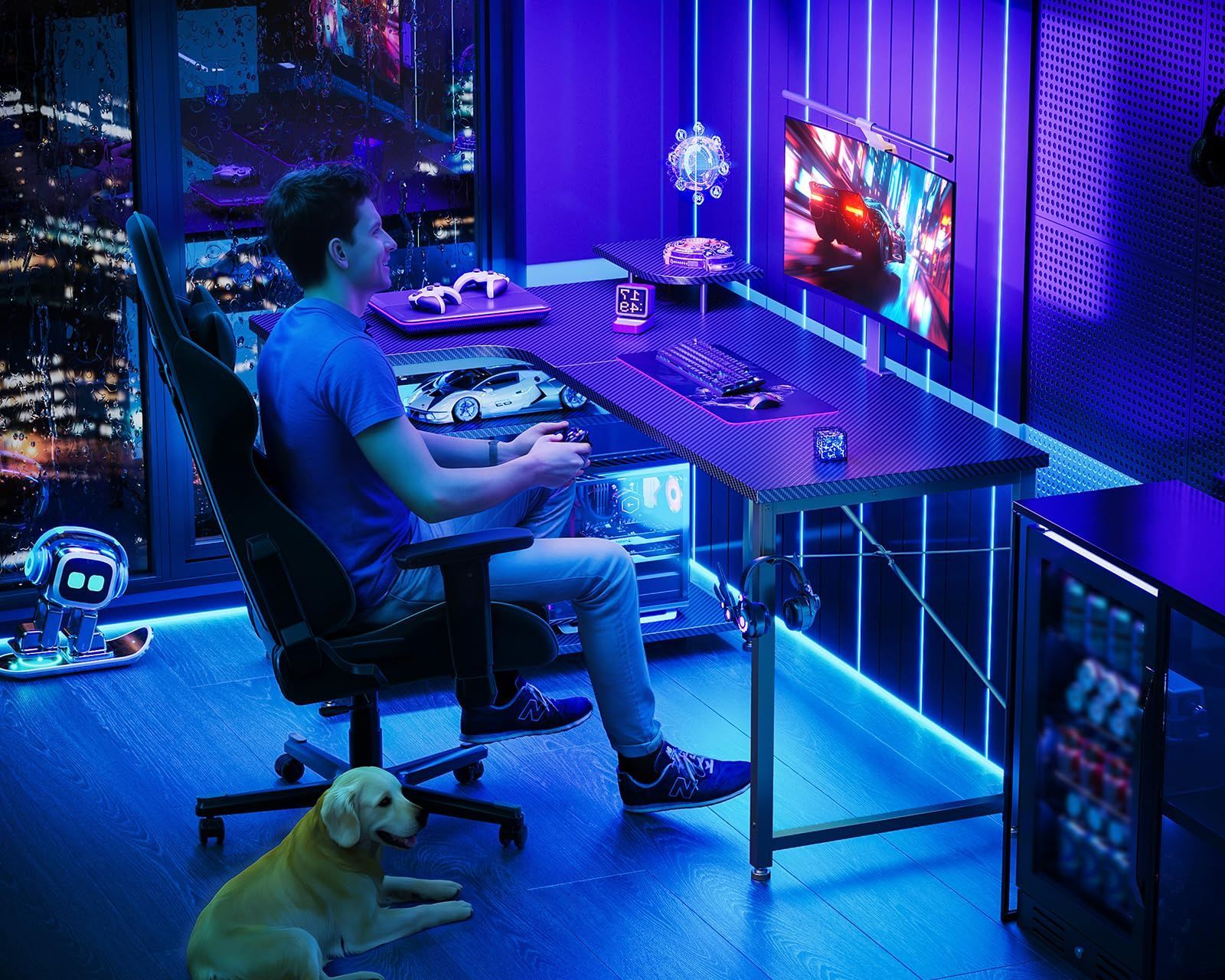 在宅勤務 オフィスデスク pcデスク 収納 組立簡単 デスク ラック付き desk 書斎 机 L字デスク カーボンブラック 幅130 ゲーミングデスク L字 左棚 パソコンデスク ODK MARWIL-DEMENAGEMENTS_CH