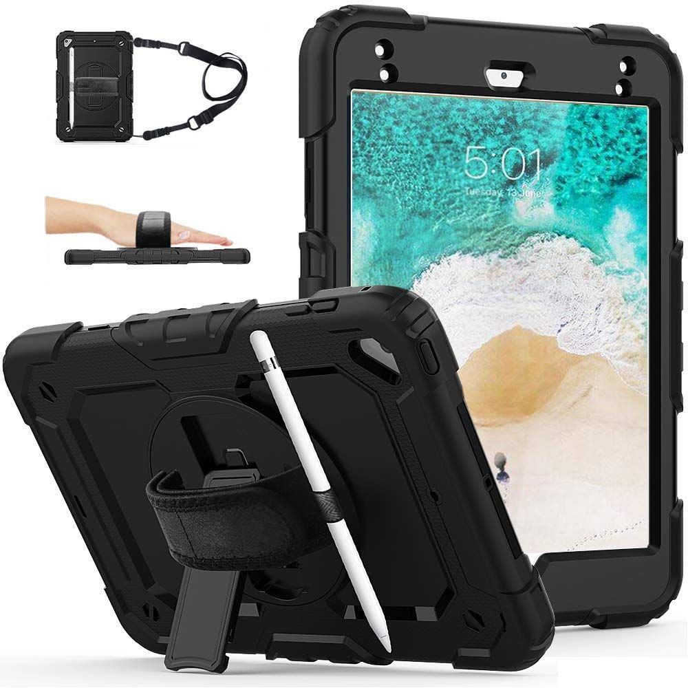 iPad 子供 6世代 5世代 Air 2 実用 防塵 ハンドストラップ 丈夫 9.7’’ ペン収納 柔らかい 調節 360°回転握り方 360°回転スタンド 2018 2017 保護フィルム付き 落とす保護 頑丈