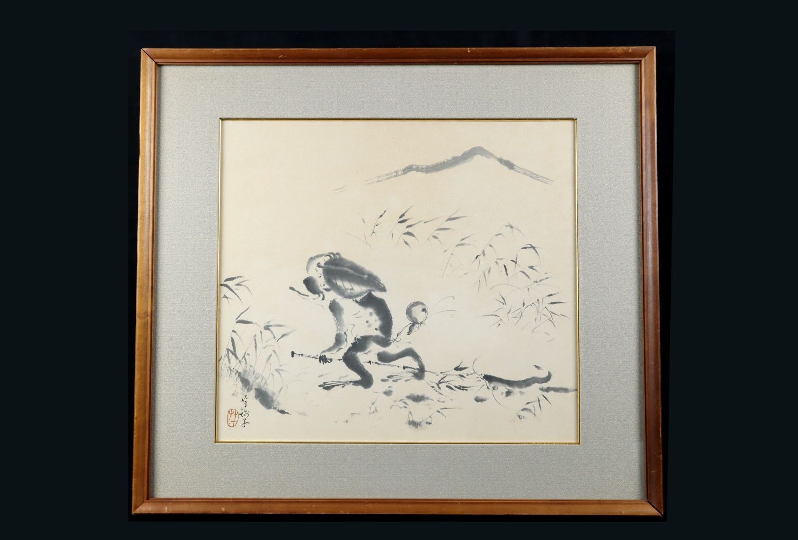 小川芋銭 「河童図」 肉筆水墨画10号 小川知可良鑑定シール 唐物 骨董
