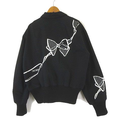 インゲボルグ INGEBORG ジャケット ブルゾン ロゴ リボン プリント ジップアップ オーバーサイズ L 黒 ブラック 白 ホワイト