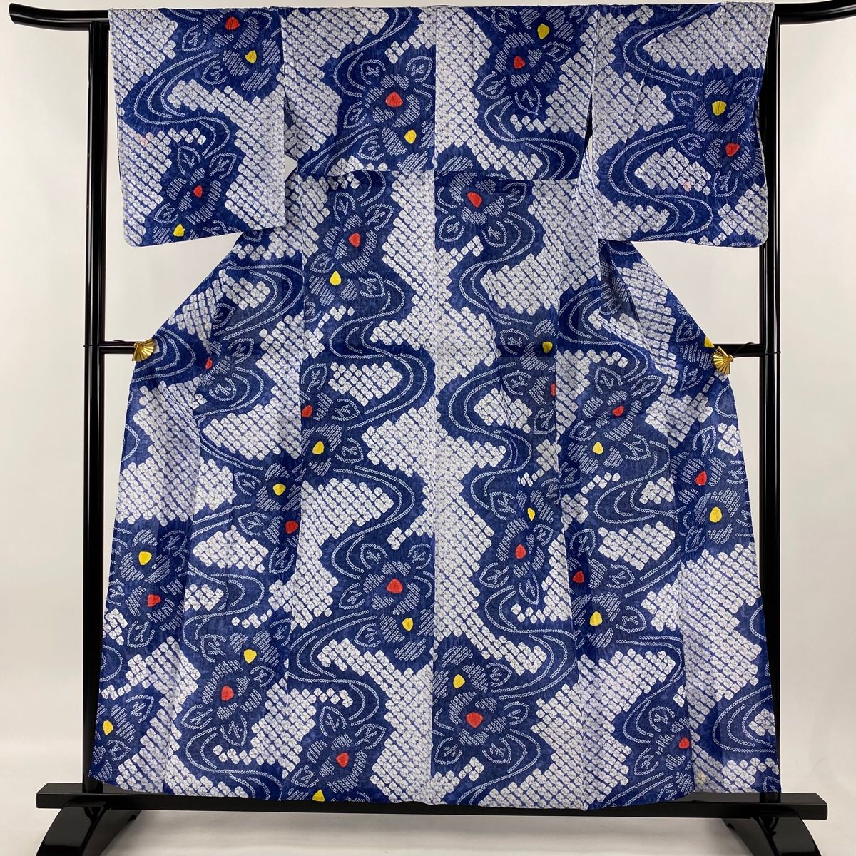浴衣 身丈158cm 裄丈64cm M 絞り浴衣 草花 流水 青 綿 名品
