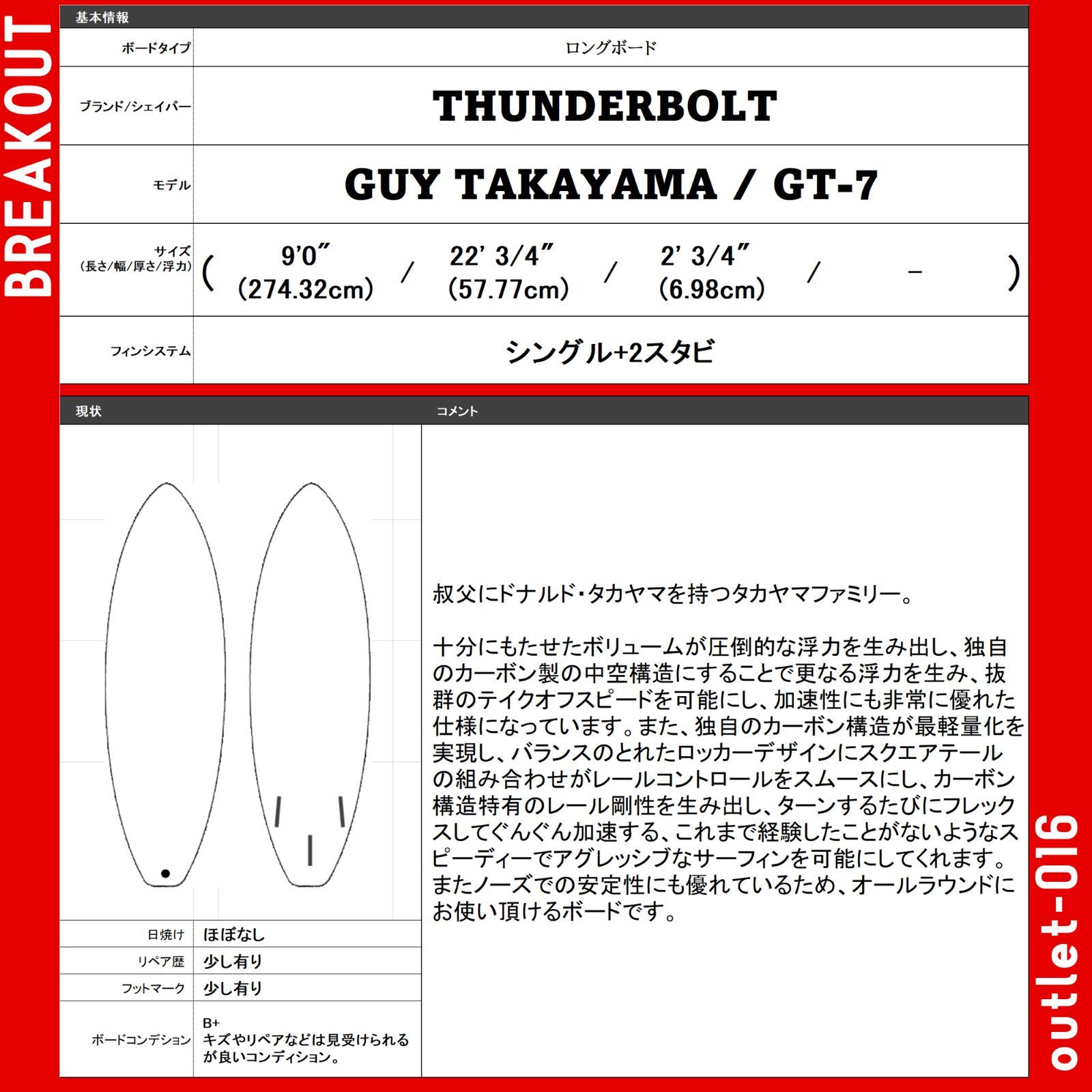 中古サーフボード 9'0 ロング THUNDERBOLT GUY TAKAYAMA GT-7