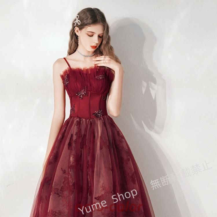 イブニングドレス ワイン赤 ノースリーブ キャミドレス 発表会ドレス ロングドレス 蝶柄 結婚式ドレス 二次会ドレス ゲストドレス パーティードレス Aライン nhdw113 MAAHADDERANG_COM