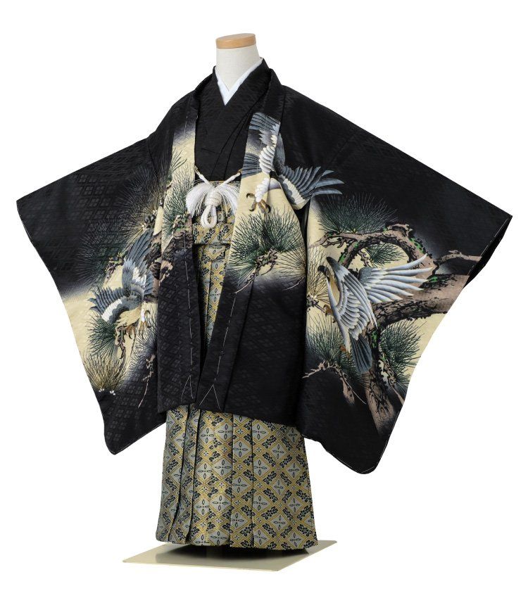 七五三 着物 男の子 五歳 13点フルセット 風 鷹 松 黒 ブラック 羽織袴セット 刺繍入り 753 五才 5歳 5才 子供 男児 販売 totalset-00046