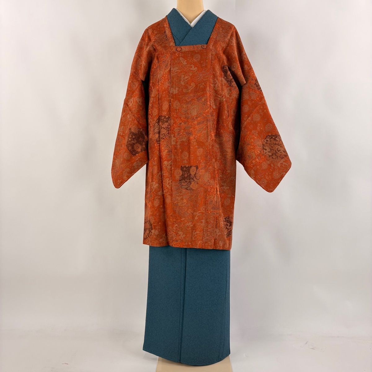 道行 身丈98cm 裄丈66cm M 和装コート 角衿 草花 地紋 オレンジ 正絹 秀品