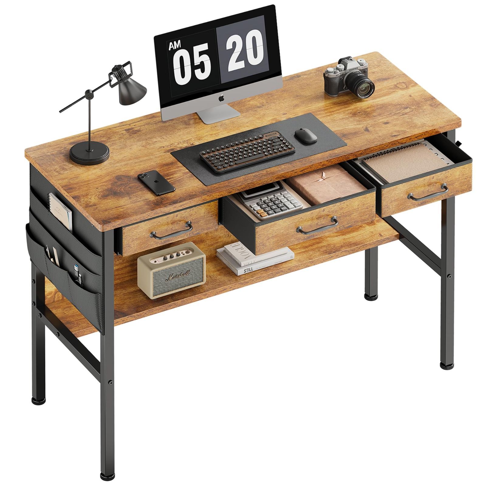 Maihail デスク 机 pcデスク 幅100 40cm パソコンデスク 引き出し付き 下収納棚付き 収納袋付き ピンテージ2