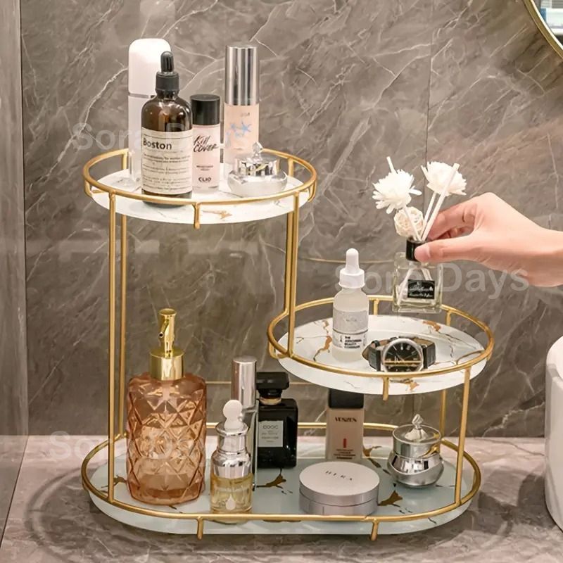 メイクスタンド コスメボックス 2段 大理石風 おしゃれ かわいい シンプル 感 モダン ナチュラル クラシック インテリア 北欧 バスルーム 化粧品ラック ベッドルーム パウダールーム 玄関 ブラック ホワイト 31×26.5cm