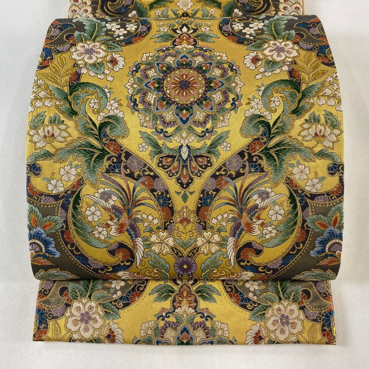 袋帯 唐華花宝飾文 尾長鳥 金糸 刺繍 金色 六通 正絹
