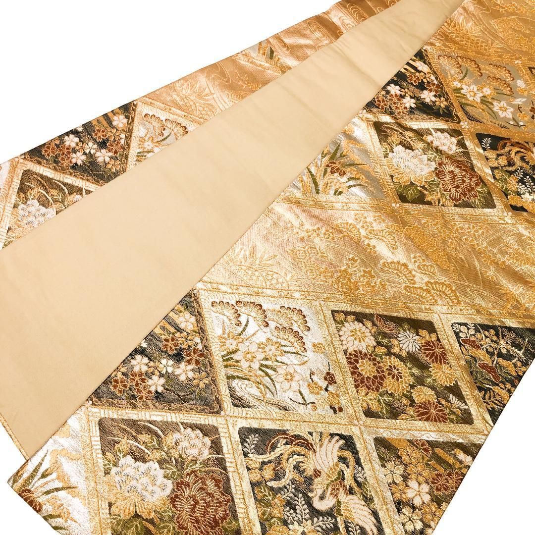 袋帯 菱形に四季の花柄模様 松 鳥 金色 金糸 O-4932 袋帯 菱形に四季の花柄模様 松 鳥 金色 金糸 O-4932 - メルカリ