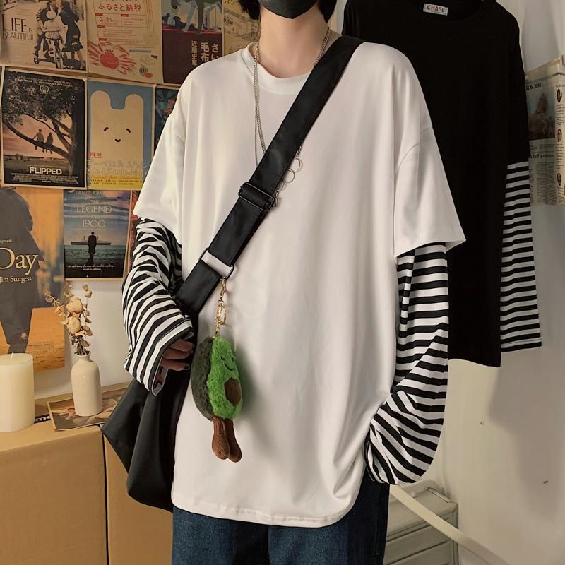 Tシャツ 長袖 重ね着風 レイヤード メンズ ボーダー 切り替え