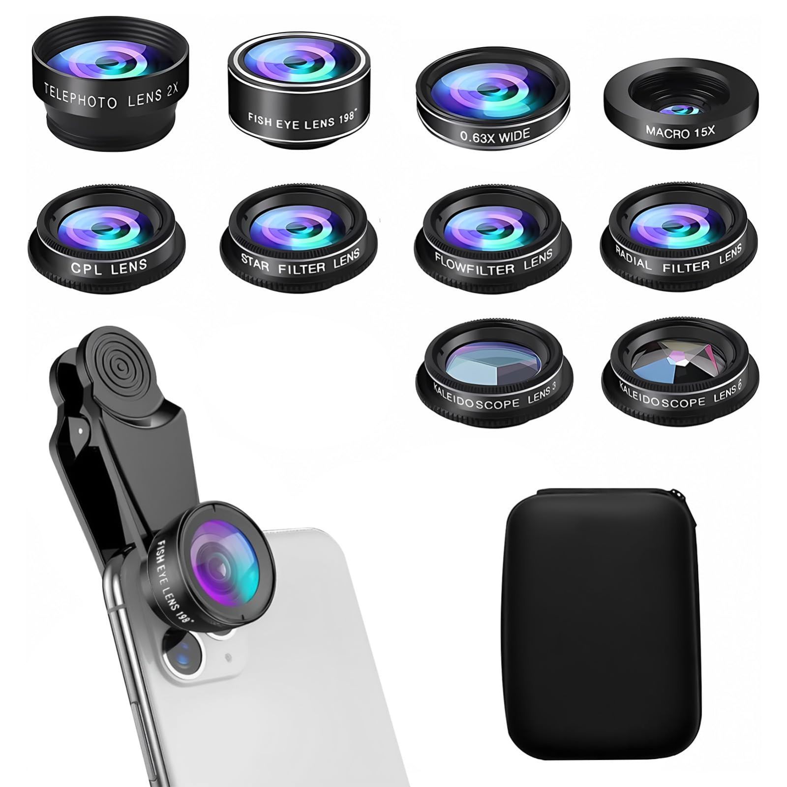 【在庫処分】高倍率 セルカレンズ 広角レンズ 取付簡単 スマートフォン用レンズ iphone クリップ式交換レンズ 望遠レンズ レンズポーチ 外付け 広角レンズ+マクロレンズ+魚眼レンズ+望遠/CPL/