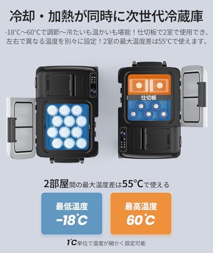 コードレス冷温庫 HT 26 L 急速冷凍 18℃ 60℃ 2室独立温度制御 加熱 冷却同時 車載冷蔵庫 バッテリー内蔵 3 WAY電源対応 DC 12 V 24 AC 100 ポータブル冷蔵庫 USB 18 W 8 7 e 71 b 4