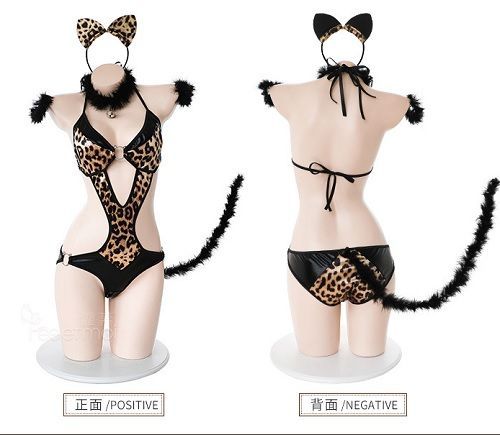 キャット　ヒョウ柄コスプレランジェリー　猫耳　ラス1早い物勝ち♡ セクシー 豹柄 コスプレ 猫耳 カチューシャ レザー 尻尾付き