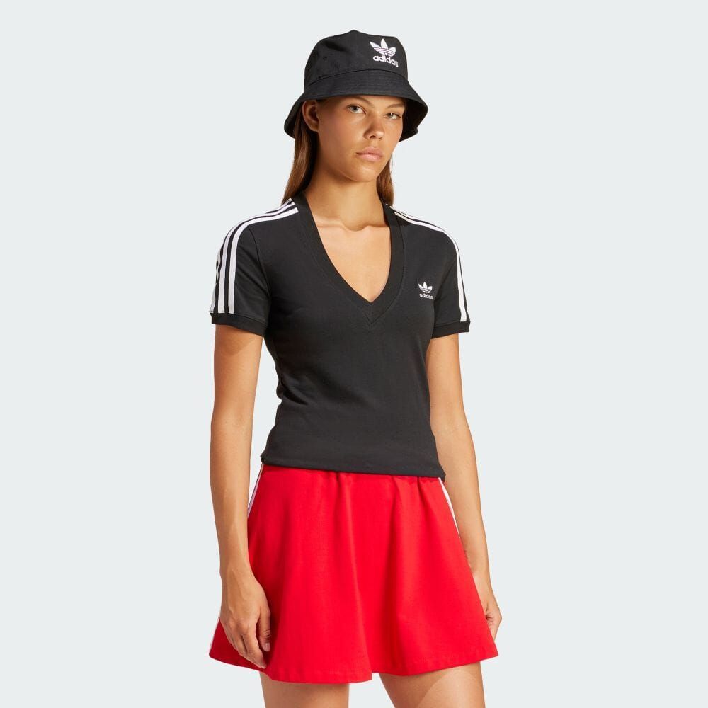 (アディダスオリジナルス) adidas Originals スリーストライプス Ｖネック スリム半袖Ｔシャツ レディース KMZ73 IU2416 WOMEN 3-STRIPES V‐NECK SLIM SHORT‐SLEEVE BLACK