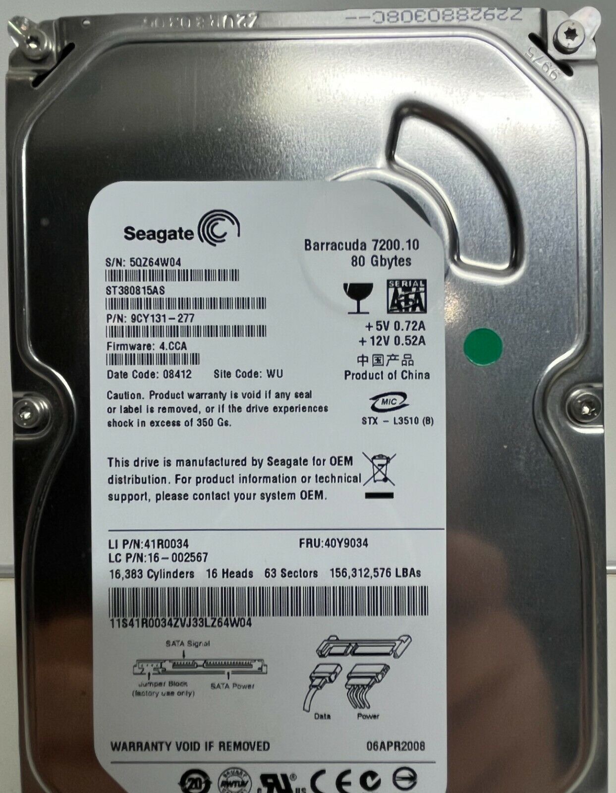Seagate ST380815AS 7200.9 80GB 3.5インチ HDD 5QZ 9CY131-277 4.CCA 08412