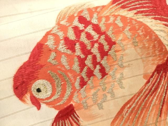 平和屋着物＊夏物 アンティーク 大正ロマン 九寸名古屋帯 刺繍 金魚 金  