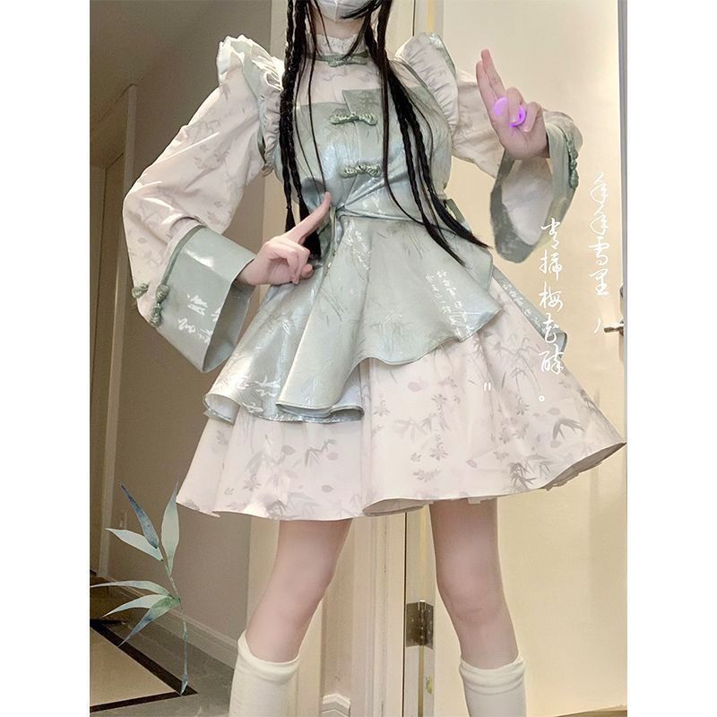 グリーン ブラック 姫袖 チャイナ風 ロリィタ セットアップ 地雷