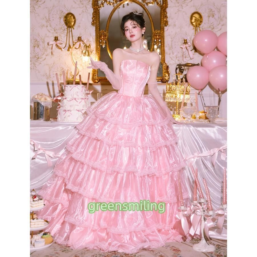 ドレス ピンク ベアトップ ウェディングドレス 結婚式 二次会 大正昭和 フリル レース ウエディングドレス レトロ婚 誕生日 80年代 9