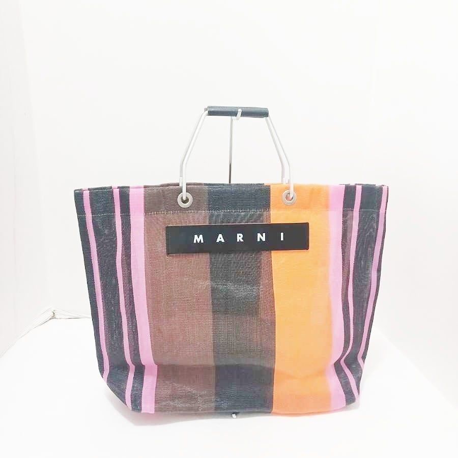MARNI(マルニ) トートバッグ美品 - 黒×オレンジ×ピンク ストライプ 化学繊維×金属素材×レザー
