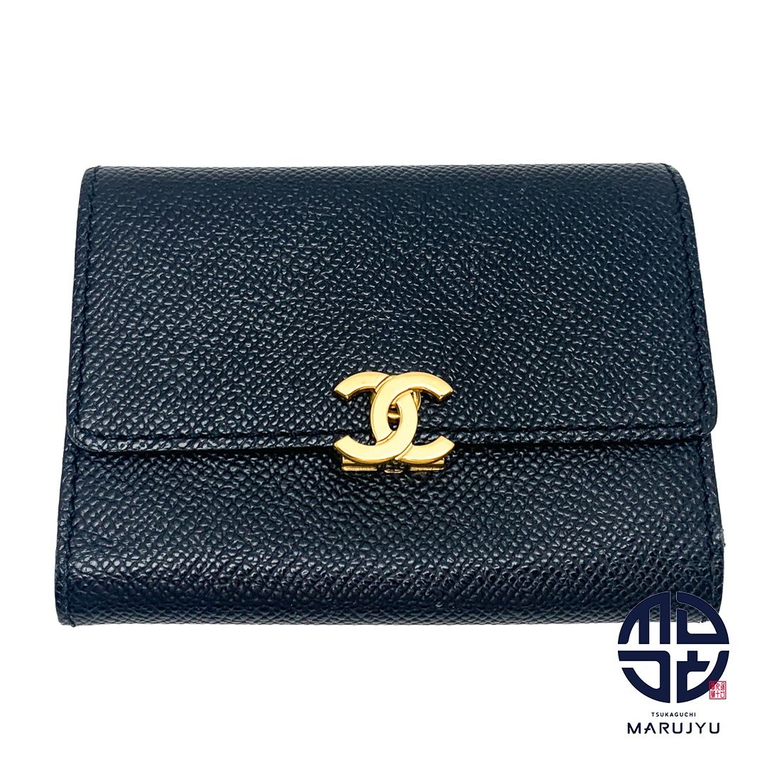 CHANEL シャネル 黒 ブラック ゴールド金具 ココマーク CCマーク 三つ折り カードケース カード入れ ブランド 小物