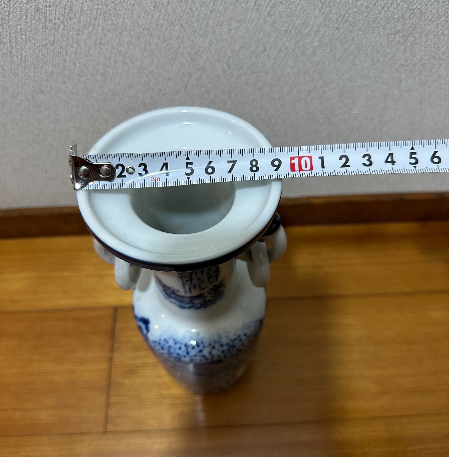 華山製陶 染付山水 獅子環耳花瓶／底款あり 高さ約20cm 口径約