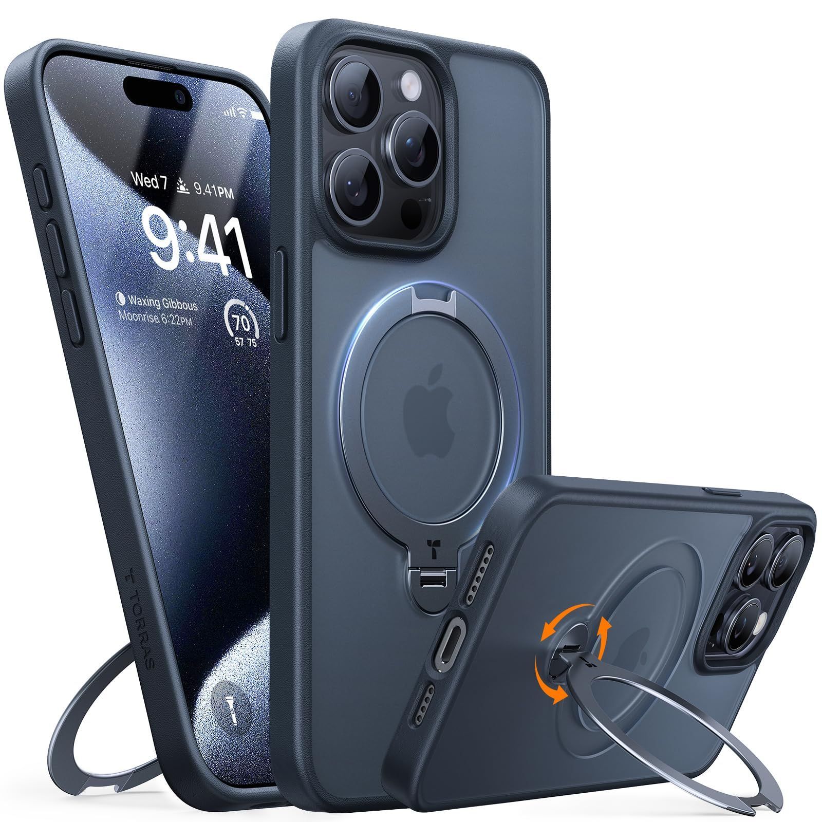 カチッ 2025新開発 安定性 TORRAS iPhone 15 Pro 用 ケース ゼンマイ式スタンド 縦横両対応 リング マグネット搭載 MagSafe対応 ワイヤレス充電対応 米軍MIL規格耐衝撃 指紋防止 いphone15pro用ケース アジ