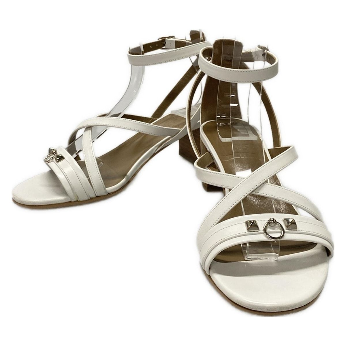 HERMES エルメス サンダル 37 レディース コリエドシアン 白 シルバー金具 アウトソール張替済 レザー