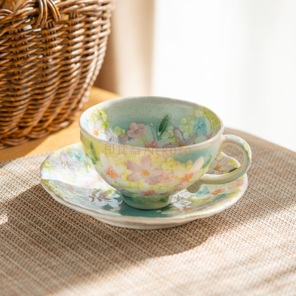 新品ゆずりは工房＊薄紅花景色コーヒー＊碗皿カップ ソーサ