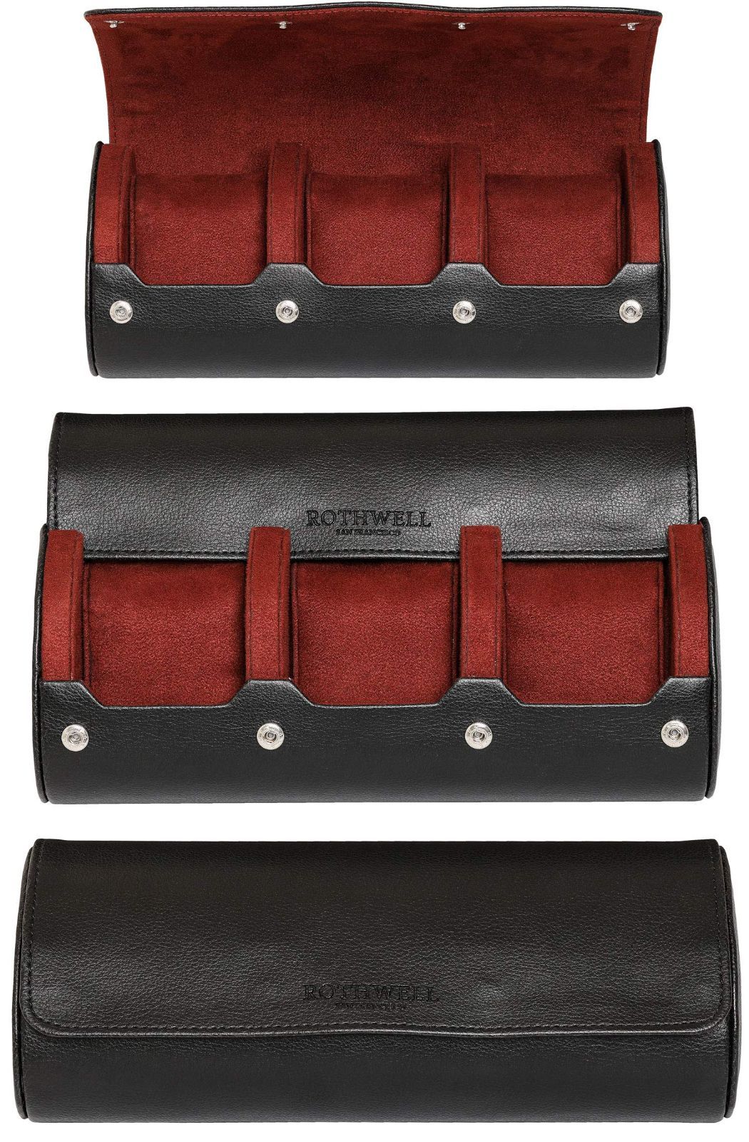 【在庫セール】腕時計ロールトラベルケース 3つの腕時計用 ROTHWELL | 丈夫でポータブルな保護 50mmまでのすべての腕時計とスマートウォッチにフィット (ブラック/レッド)