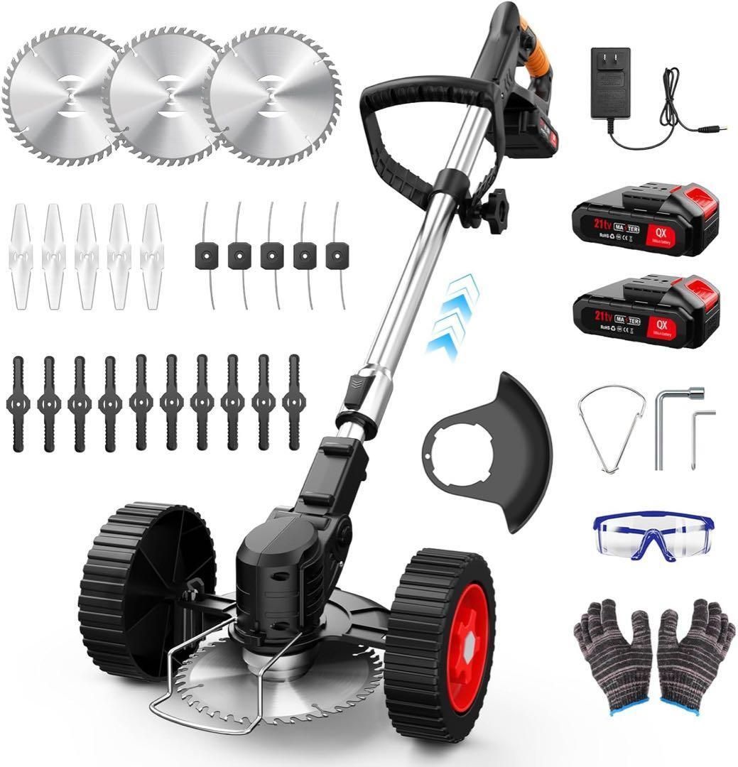 草刈り機 充電式 21V 4000mAhのバッテリー総容量 強力電動草刈り機 1880W 低騒音 補助ホイール 伸縮可 角度調整可 多替刃付き