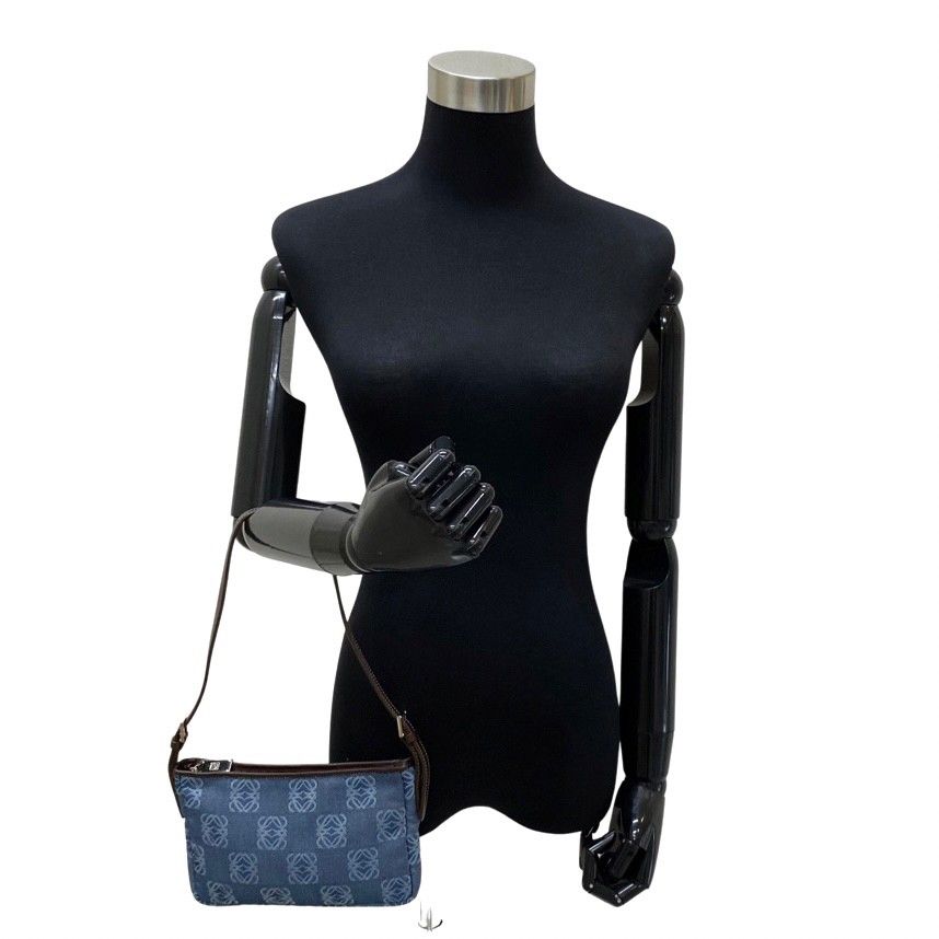 極 美品 保存袋付 LOEWE ロエベ アナグラム ロゴ デニム レザー 本革 
