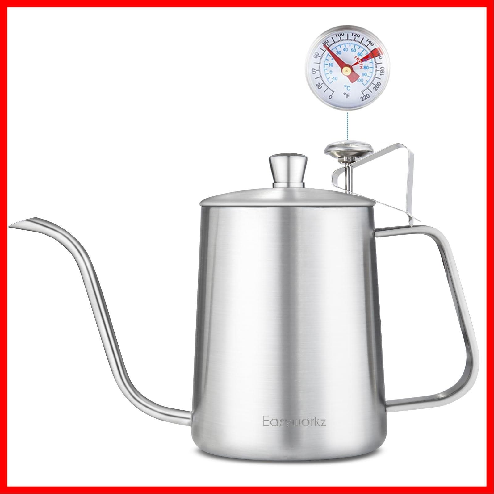 数量 ドリップ ハンド ポット コーヒー シルバー ステンレス鋼 温度計付き 600ml ケトル グースネック Easyworkz