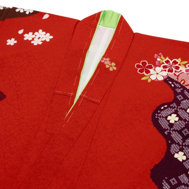 七五三 着物 七歳 正絹 フルセット 女の子 赤 四つ身 花柄 桜 七草 絞り柄