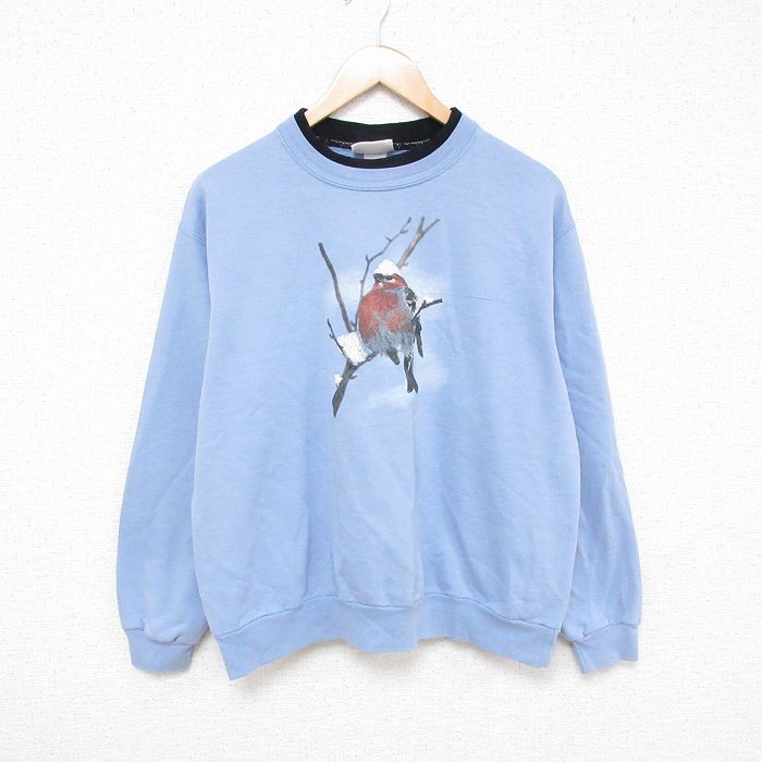 L/古着 長袖 スウェット メンズ 00s 鳥 クルーネック 薄紺 ネイビー 24aug31 中古 スエット トレーナー トップス