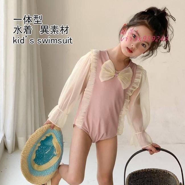 水着 キッズ ラッシュガード オールインワン 異素材 レース袖 日焼け対策 蝶結び 夏用 可愛い 女の子 フリル 透け感 快適 アウトドア  vii3x959246