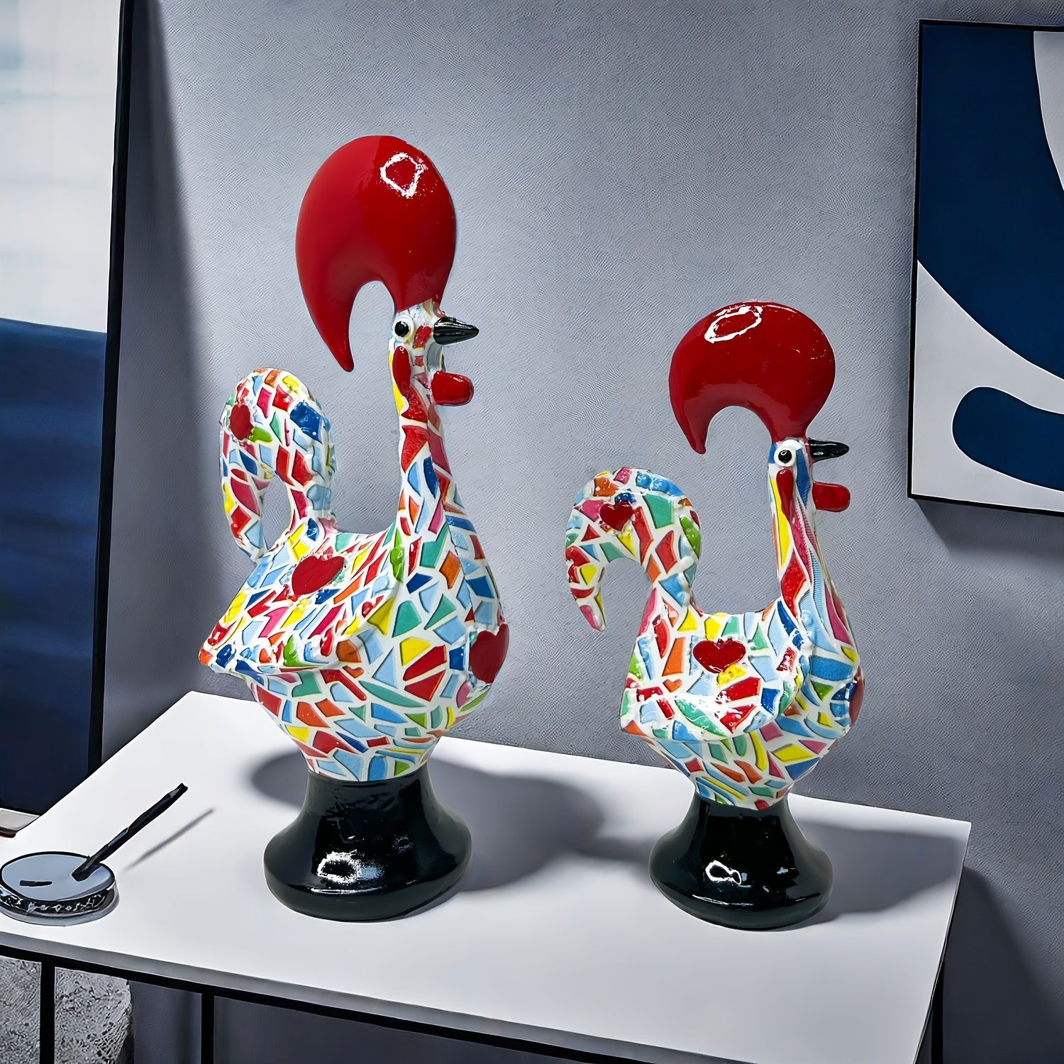 オブジェ 置物 2羽のニワトリ 鶏 カラフル ガーデンオーナメント