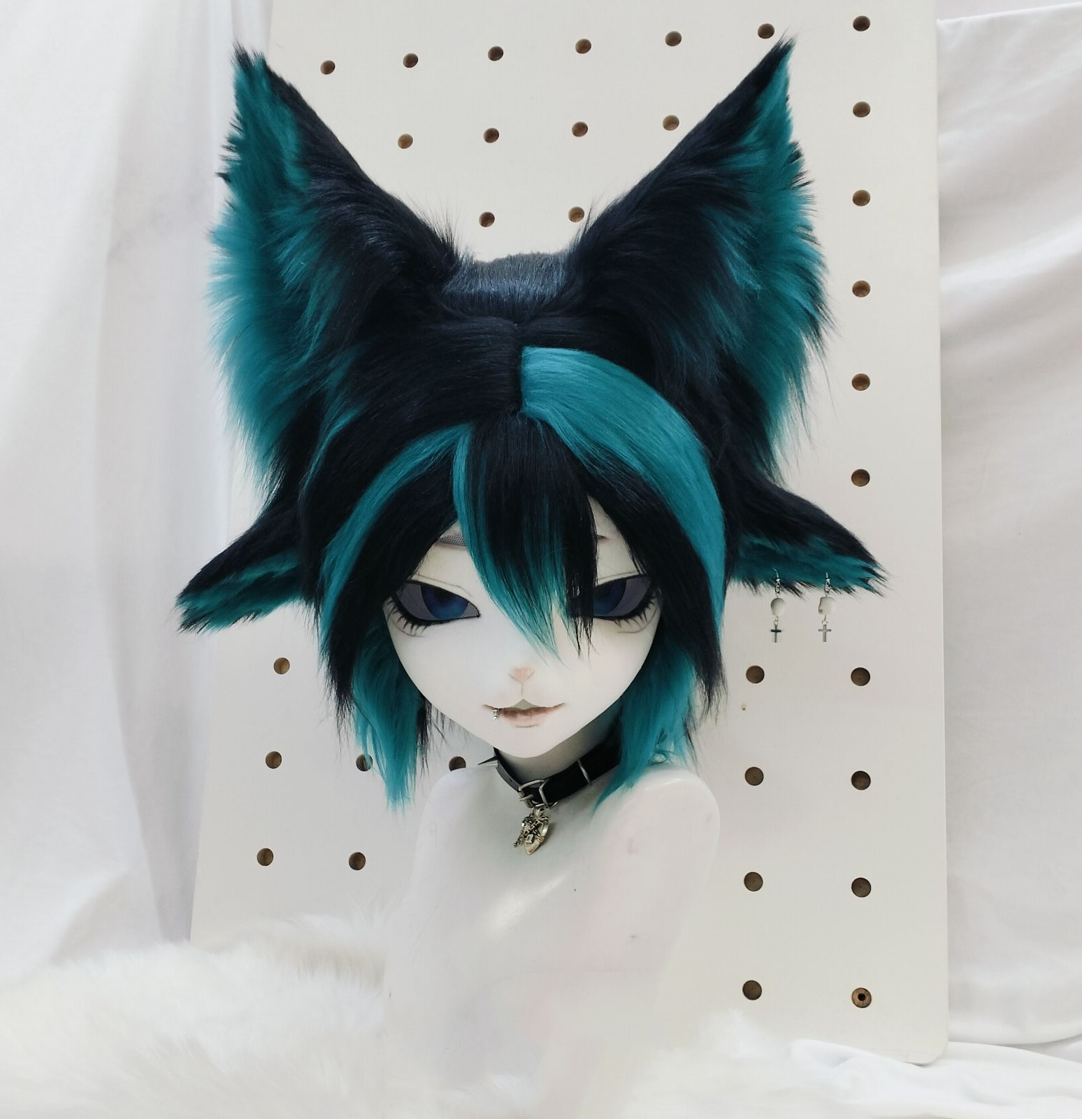 着ぐるみヘッド ファースーツ 青緑 全頭ヘッド ケモノ マスク コスプレ 着ぐるみヘッド ファースーツ キツネ 四つ耳 ダークグリーン 全