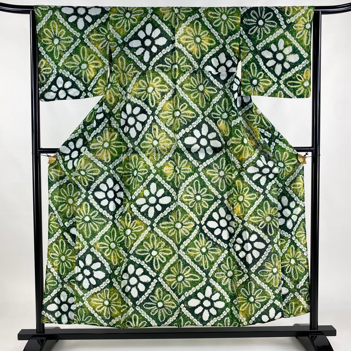 浴衣 身丈154cm 裄丈63.5cm S 絞り浴衣 菱 花 黄緑色 綿 名品
