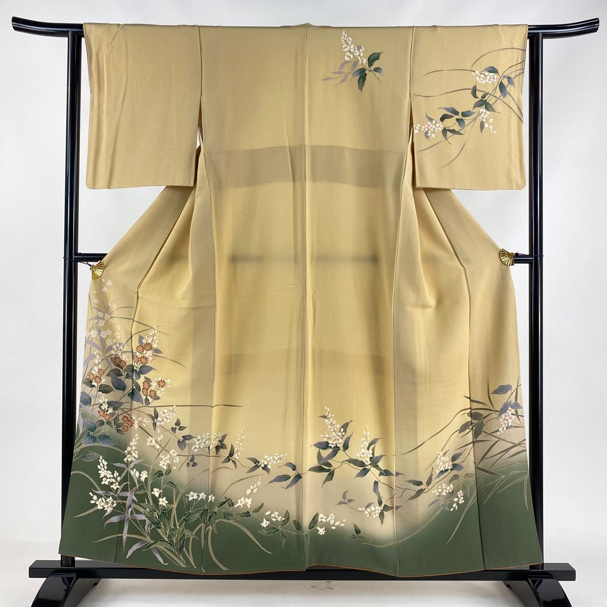 訪問着 身丈155.5cm 裄丈62.5cm S 袷 草花 染め分け ぼかし 薄オレンジ 正絹 秀品