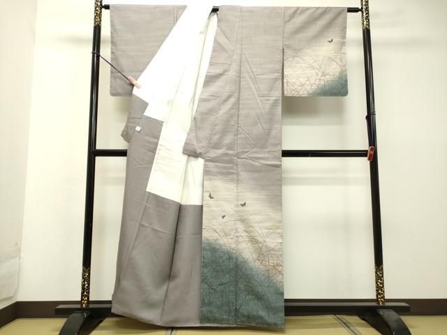 平和屋着物○染色家 岸上純平 訪問着 紬地 舞蝶草葉文 健勝苑扱い 正絹  