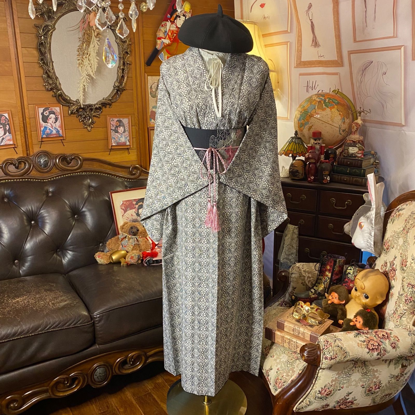 着物リメイクワンピース ロングドレス 和洋折衷 洗える 化繊 名古屋帯サッシュベルト レトロ モダン ハンドメイド モノトーン菱唐 KW-1109