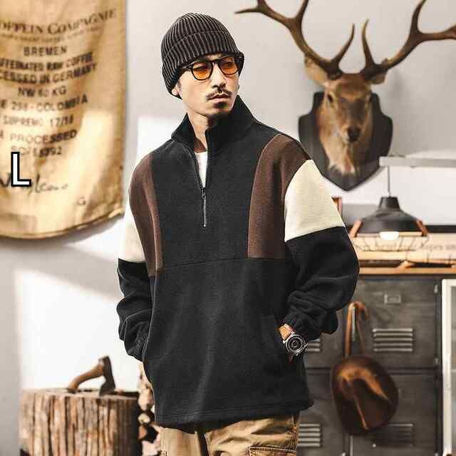 L 春 コーデ メンズ 用 服 シンプル ファッション オシャレ 大人 かっこいい 大きいサイズ ストリート 紳士服 アメリカン レトロ ヘビー スウェット シャツ ハーフ ジッパー ハイネックインナー フリース ジャケット