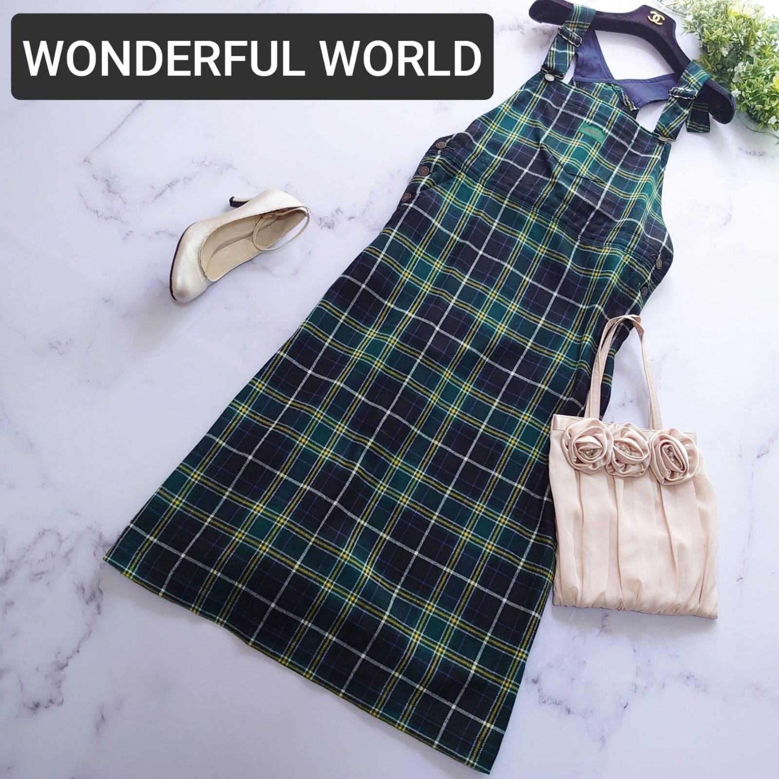 ワンダフルワールド ロゴ ジャンパースカート チェック ワンピース 緑